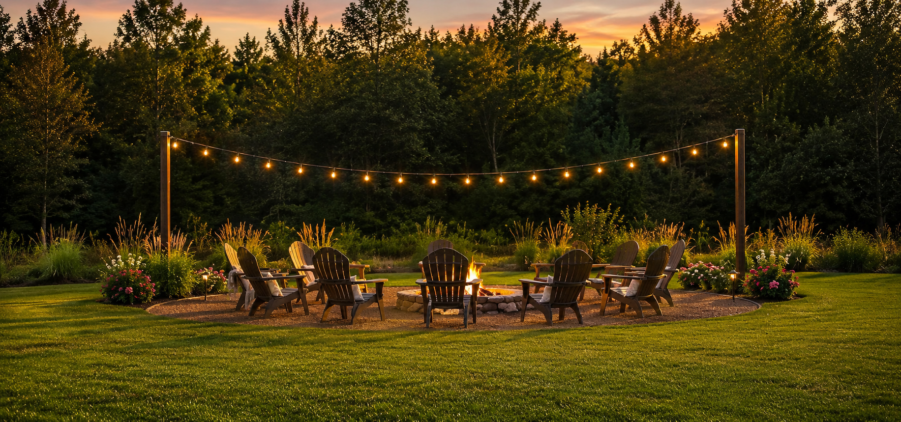 Fire circle with string lights at sunset at The Pearl