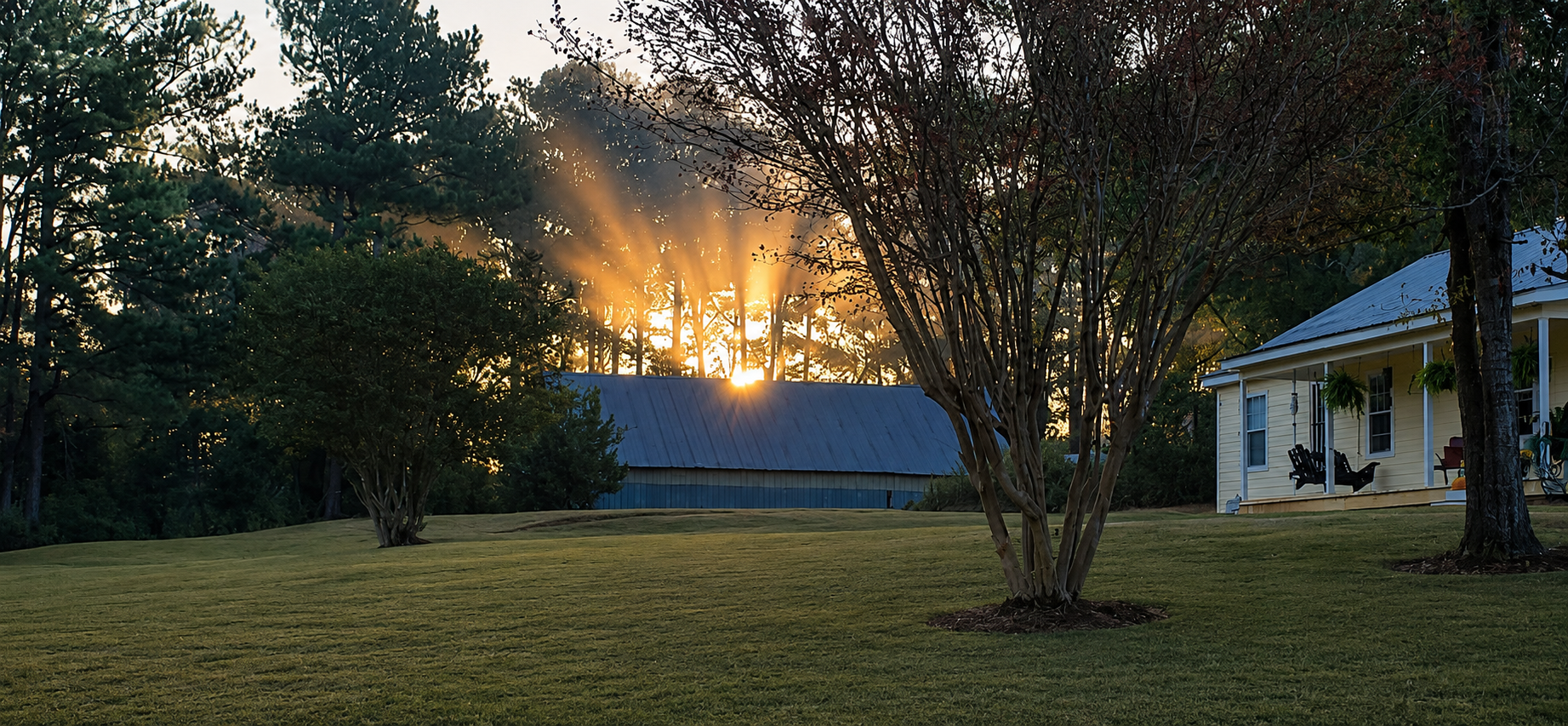 Sunrise over the yellow house and land at The Pearl
